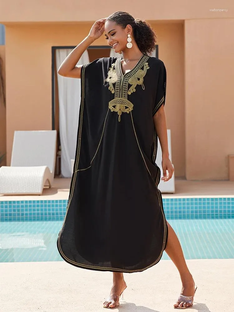 Roupa de banho feminina elegante preto kaftan vestido praia cobrir ouro bordado solto robe beachwear 2024 boho túnica para caftan pareos