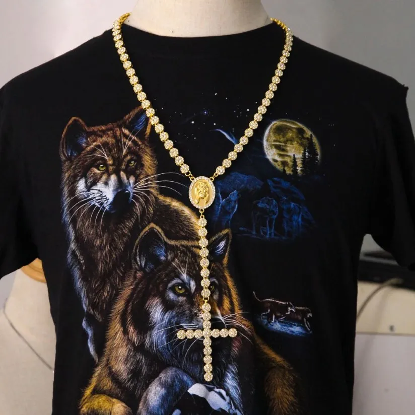 2017 Nowy moda Hip Hop Gold Pełna CZ lodowa mrożona Jezus Face Cross Piece 79 cm Naszyjnik różańca dla mężczyzn i kobiet biżuteria 2009