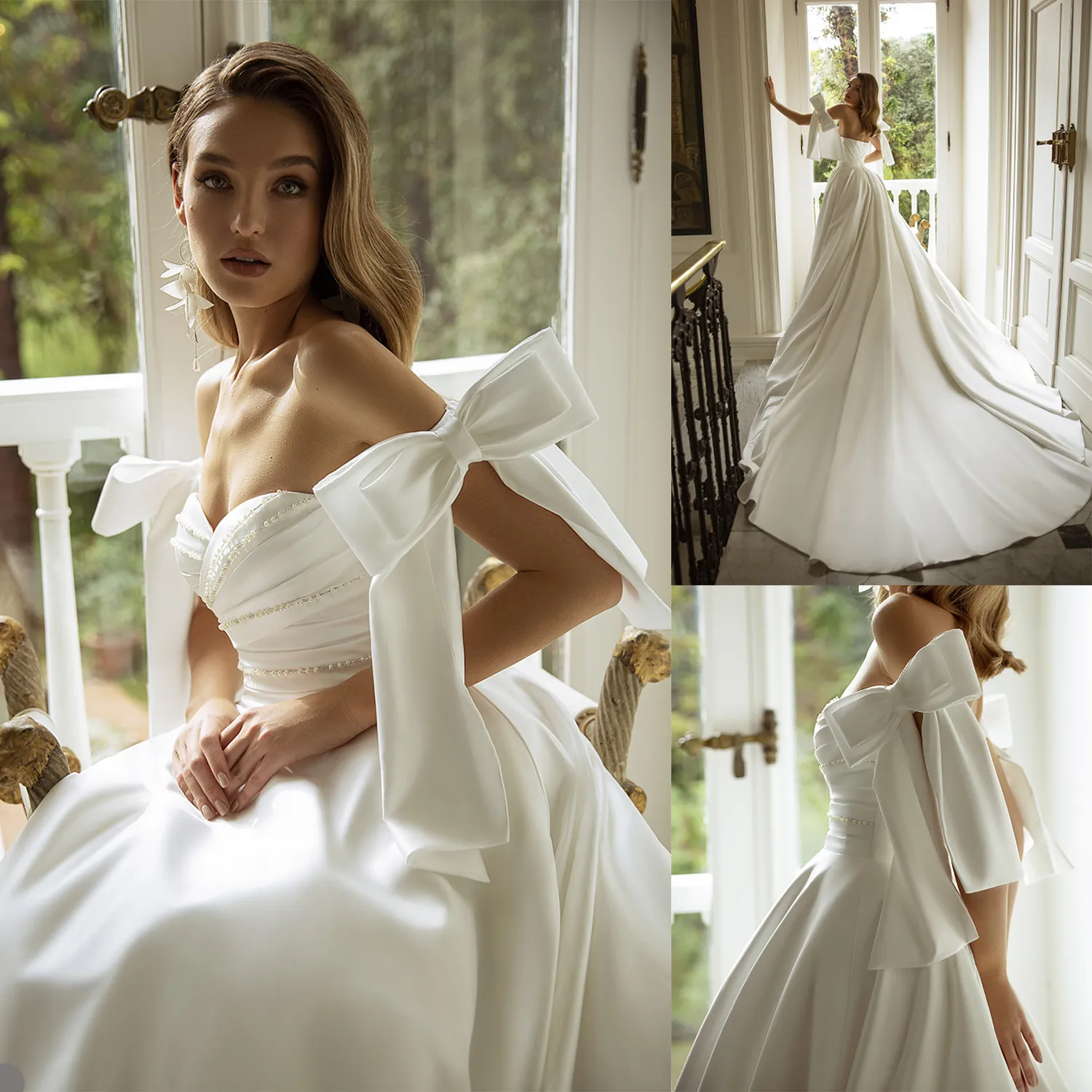 Robes de mariée en Satin simples, ligne A, perles, épaules dénudées, sur mesure, avec nœud, robe de mariée arabe à balayage