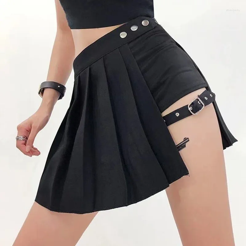 Spódnice plisowane gotyckie seksowne mini kobiety punkowe grunge czarny patchwork ring nogi mall goty