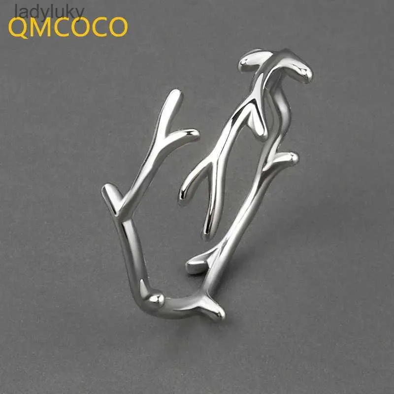 Solitaire Ring QMCOCO Simple Branch Leaf Thin Ring Silver Color Open Adjustable Ring For Women Girls Trendy Fashion Finger Jewelry Party Gifts 240226