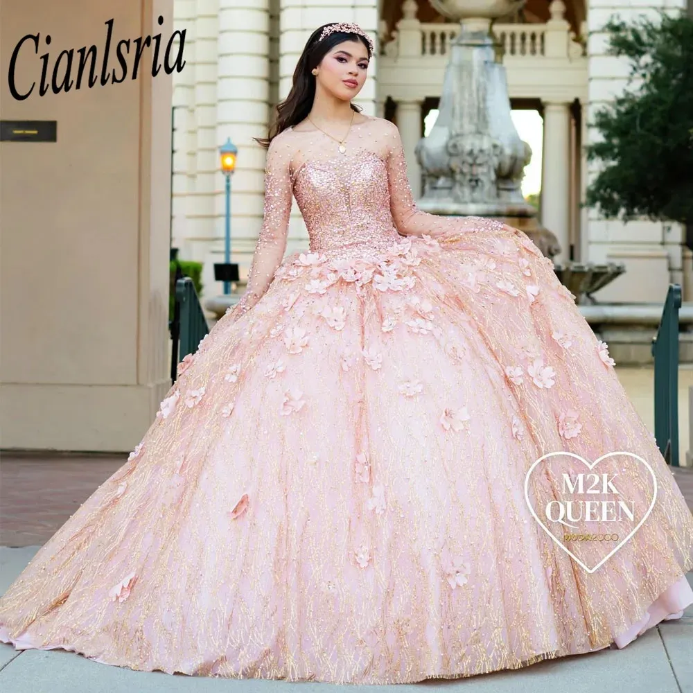 Rose Gold Illusion Langarm 3D Blumen Quinceanera Kleider Ballkleid Glitter Kristall Pailletten Süße 15 Vestidos De XV Anos