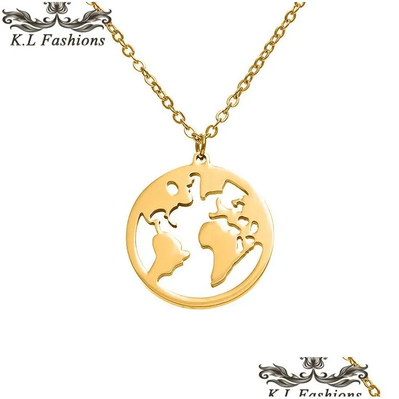 Pendant Necklaces Fashion Stainless Steel Necklace Pendant World Map Chains Statement Necklaces Sier Rose Gold Globe Travel Dhgarden Dhc9D