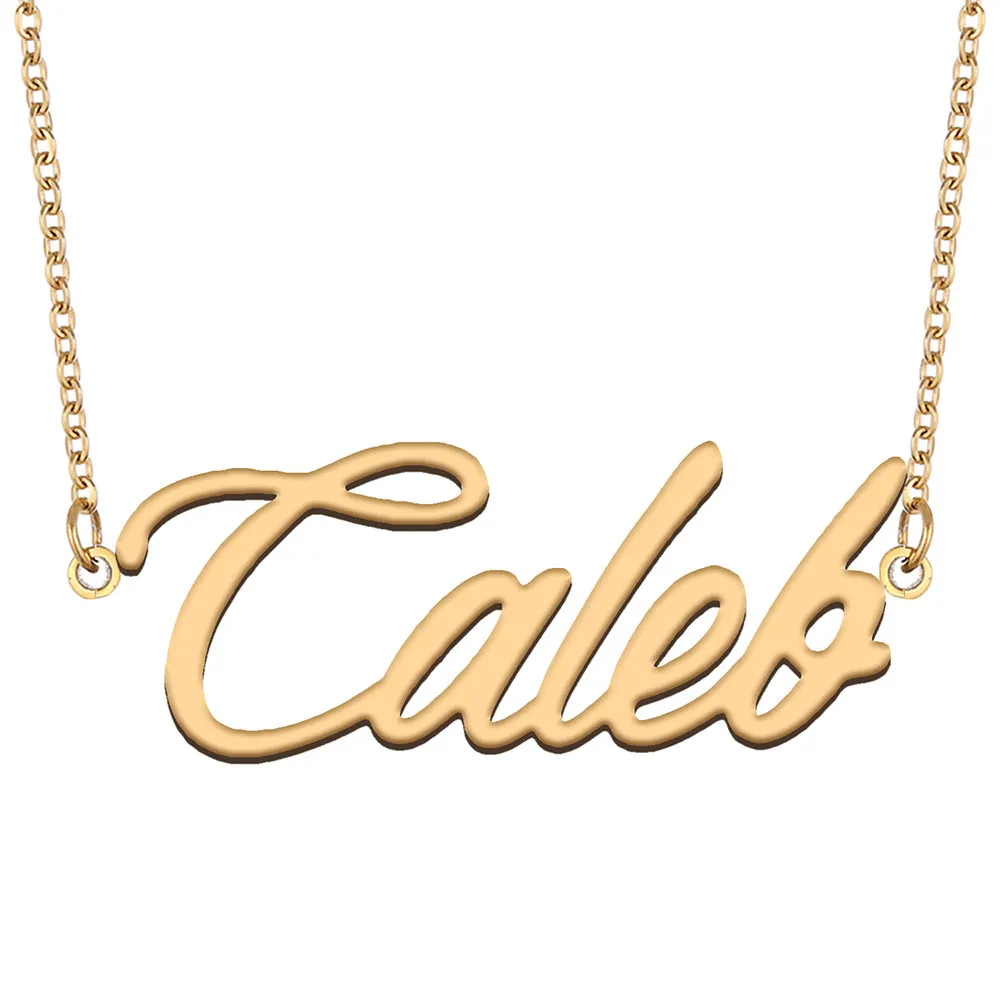 Collier avec nom Caleb, pendentif en acier inoxydable doré pour femmes et filles, cadeau d'anniversaire, plaque signalétique personnalisée, bijoux pour meilleurs amis d'enfants, plaqué or 18 carats