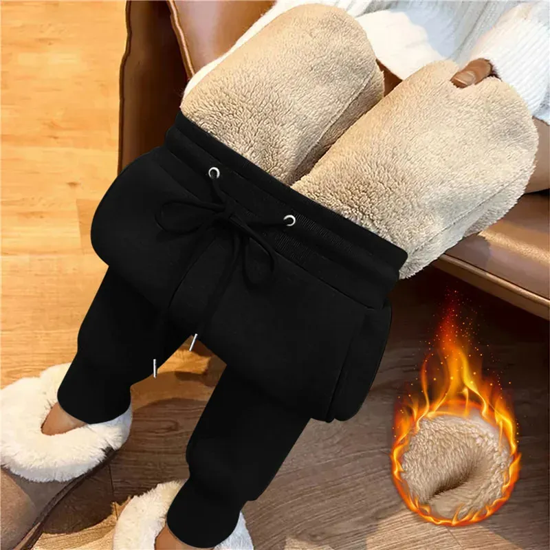 Capris jodimitty inverno engrossar calças de pelúcia para mulheres casual cor sólida quente sweatpants mulher elástico esportes lã calças femininas