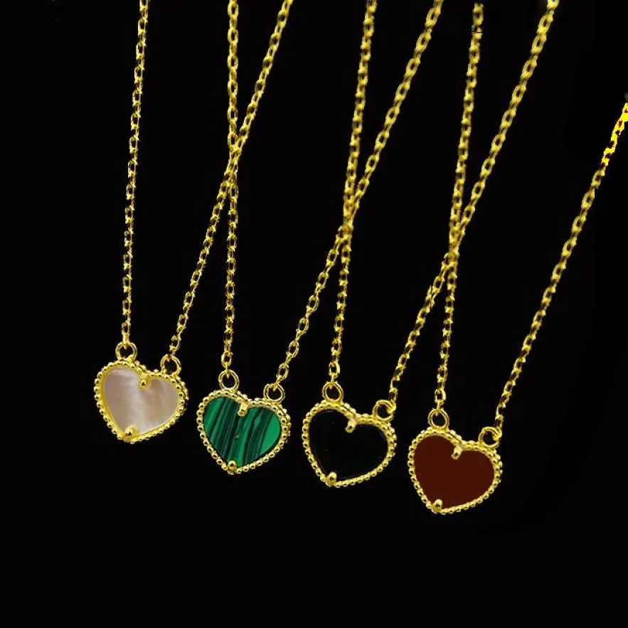 Simple and sweet heart shaped copper veneer with natural stone plated 18K golden peach heart shell agate malachite Love necklace291u