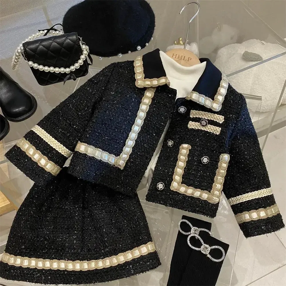 2-teiliges Tweed-Winterset für neue Mädchen im Alter von 1 bis 10 Jahren, gefütterte Baumwolljacke für Kinder, Jacke + klassisches Ski-Kinderset 240225