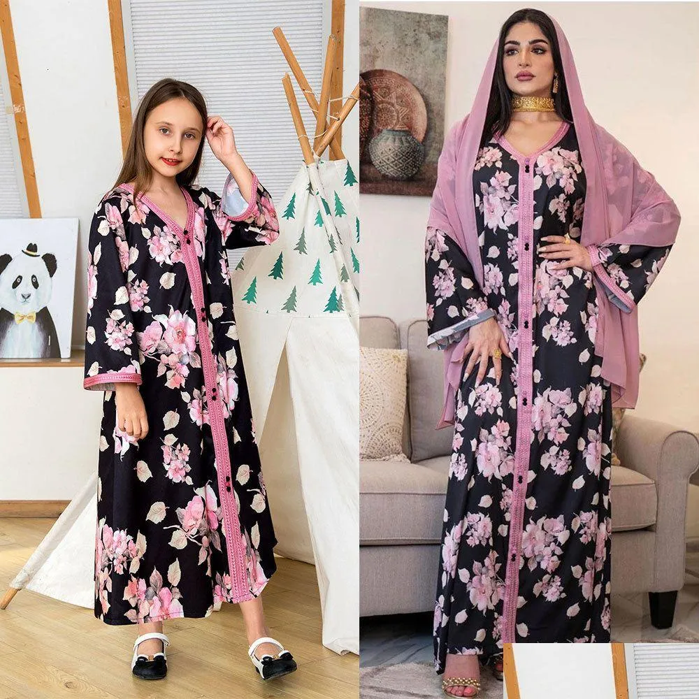 Famille correspondant tenues mère fille vêtements élégant noir ethnique floral maxi robe moyen-orient musulman parentenfant Eid 230619 Dro Dhxwr