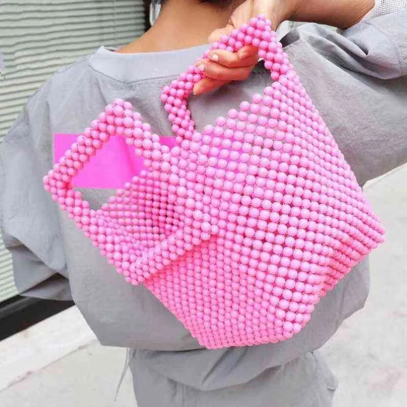 Totes Clutch Fashionable Beach Holiday Retro Hand Pink Niche Design Hand-woven Handbag Beaded for Woman 1124180t