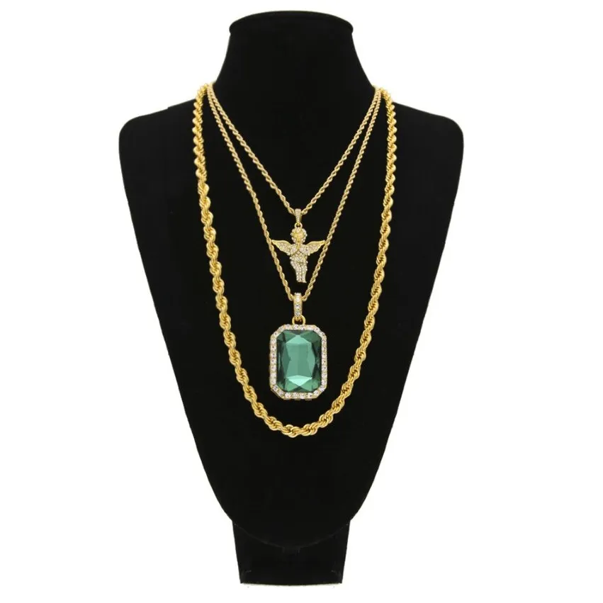 Mannen Hiphop Sieraden Lange Touw Ketting Iced Out Vol Strass Engel Met Vierkante Rode 3 lagen Hanger Ketting Set223w