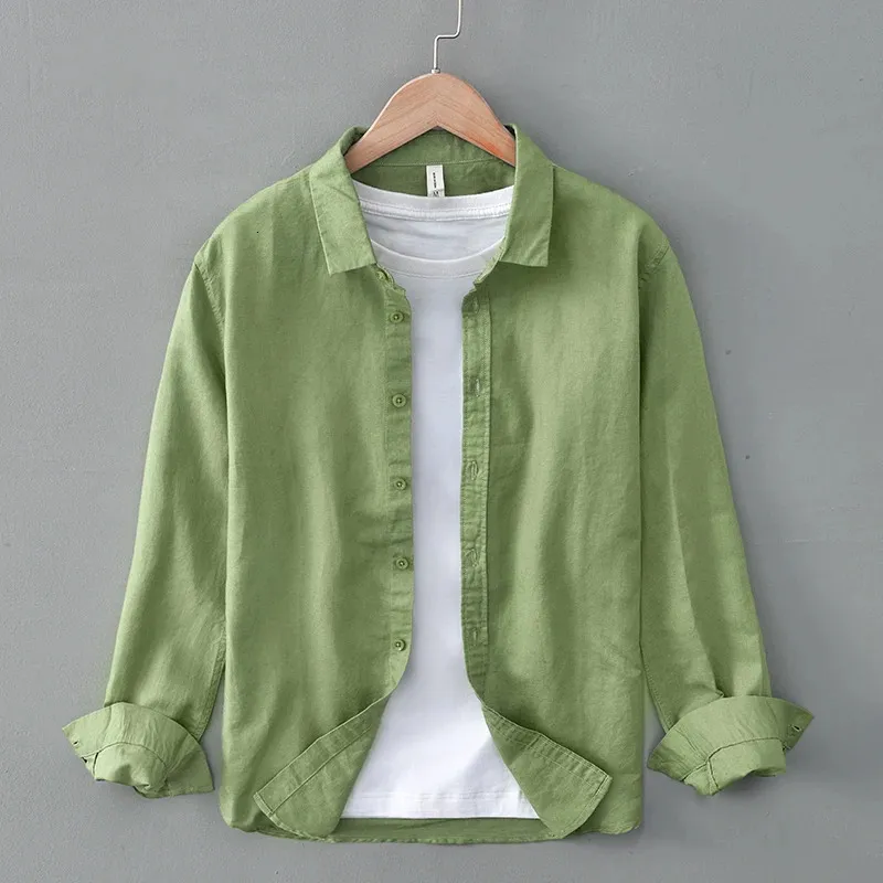 Green Cotton Linen Casual Shirts For Men Basic Classic Long Sleeve Turndown Collar Breattable Clothing 240223