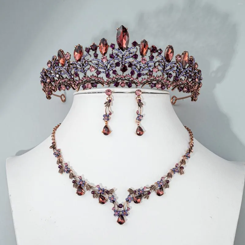 Halsband örhängen set vintage barock svart lila kristall brud gotisk strass tiaras bröllop fest smycken