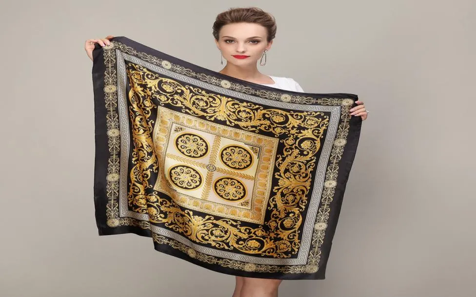 Black Gold Square Scarves 2015 Fashion Ladies Pure Silk Scarf Shawl Autumn Winter 100 Mulberry Silk Kvinnliga halsdukar 9090 cm S10203910387