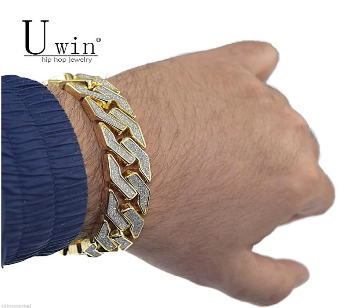 Uwin Sand Blast Armband Cuban Chain Link Alloy Iced Out Hip Hop Gold Silver Tone Heavy 18 Mm Mens Armband 86quot S9155955002