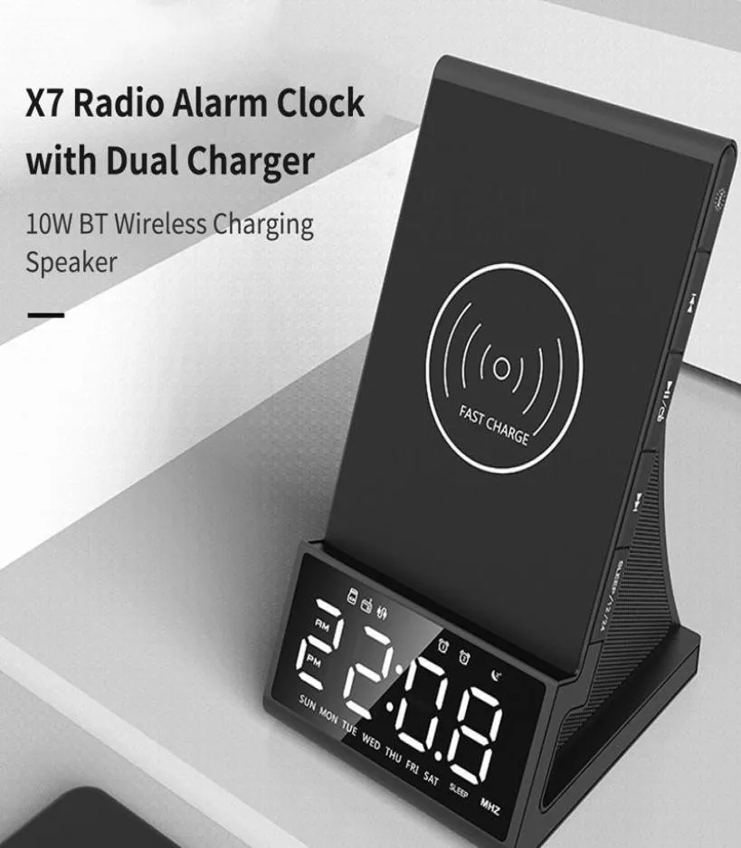 Trådlöst laddar Radio Alarm Clock -högtalaren LED Display Stereo Sound Kvalitet Dubbel bärbara högtalare4569810