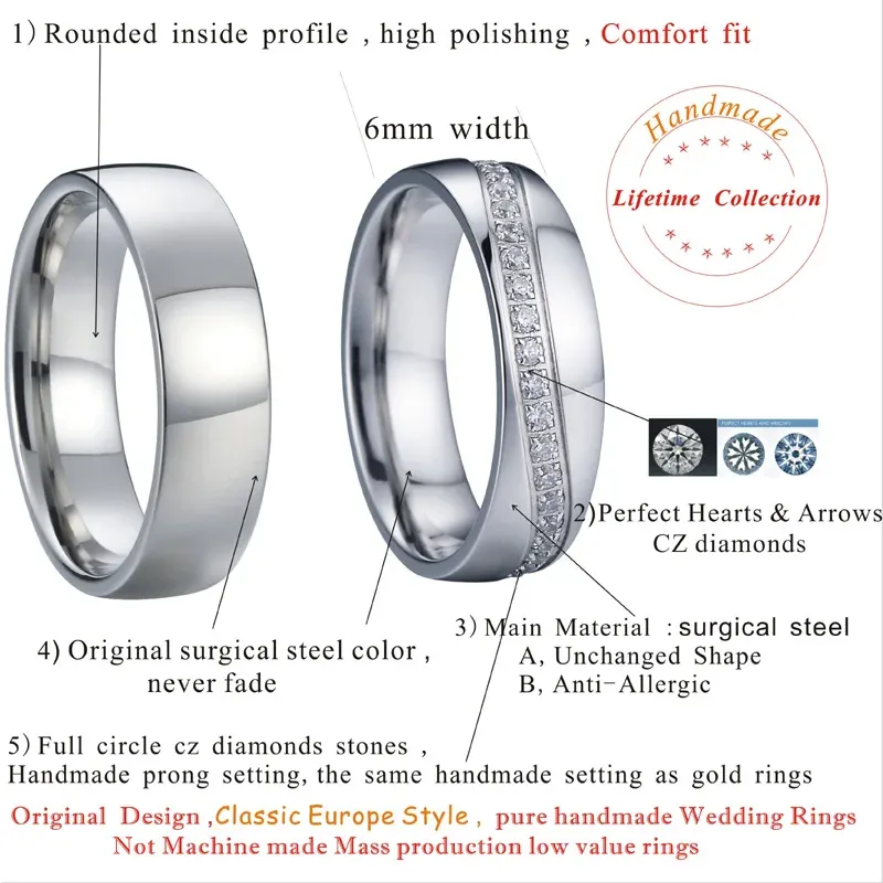 Rings High Quality Waterproof Cubic Zirconia Wedding Rings Couple Sets Western Sier White Gold Stainless Steel Jewelry No Fade