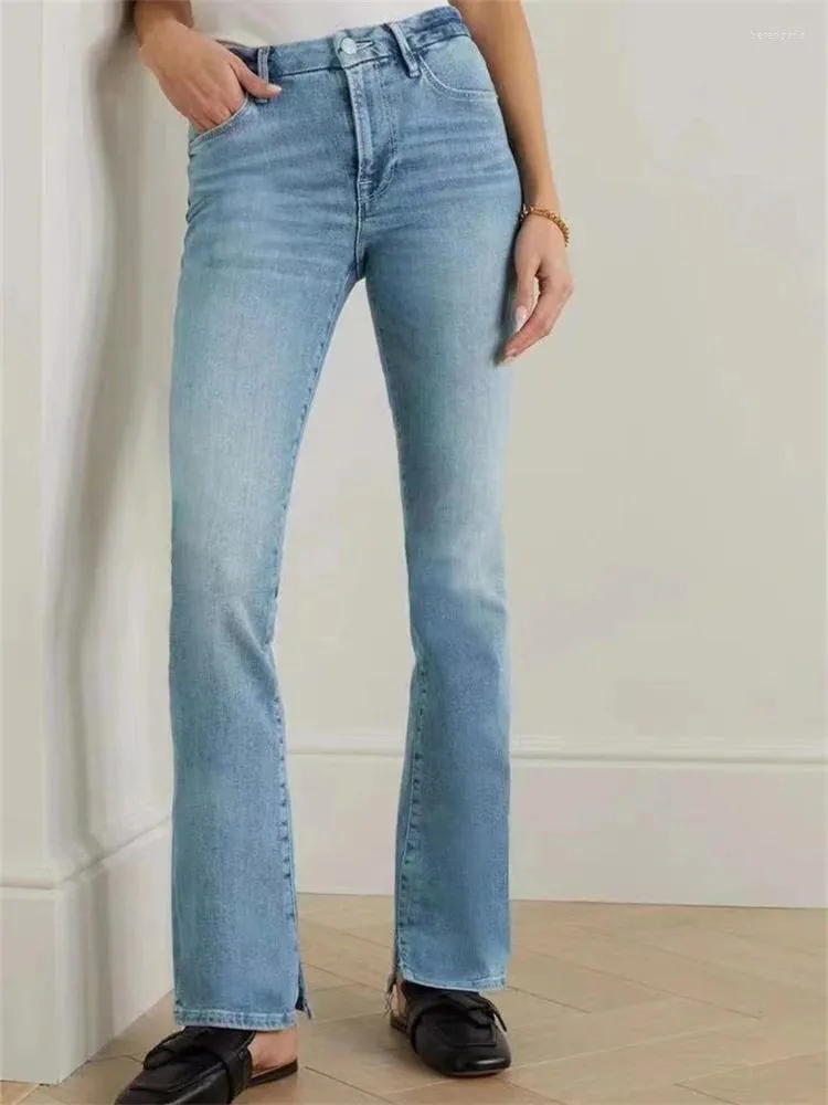 Jeans femininos feminino fino ajuste ligeiramente queimado calças jeans 2024 primavera luz azul cintura alta fenda no tornozelo