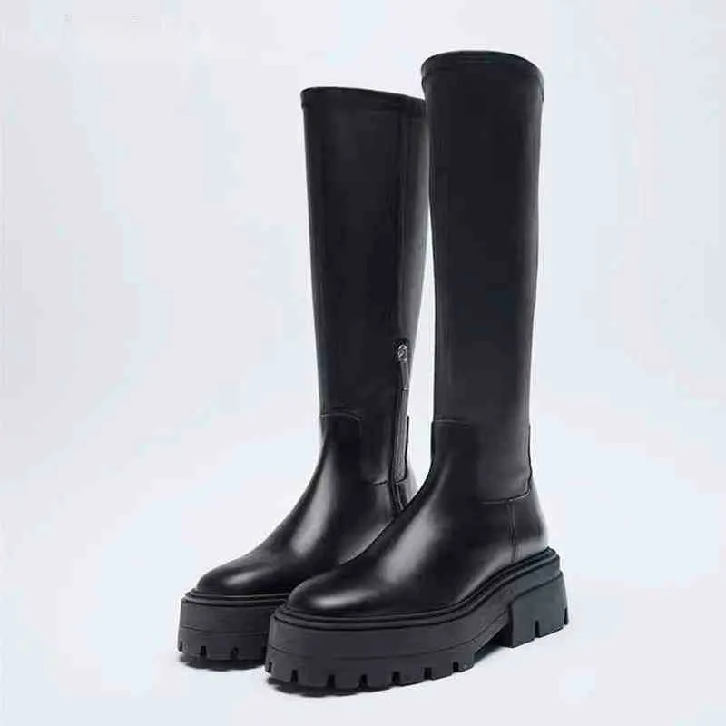 Botas primavera outono moda antiderrapante plataforma de fundo grosso salto baixo mulheres joelho botas altas mulher sapatos de couro 220913