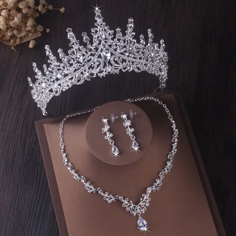 Halsband lyxiga silverfärgkristallvatten droppe brud smycken set rhinestone tiaras krona halsband örhängen bröllop dubai smycken