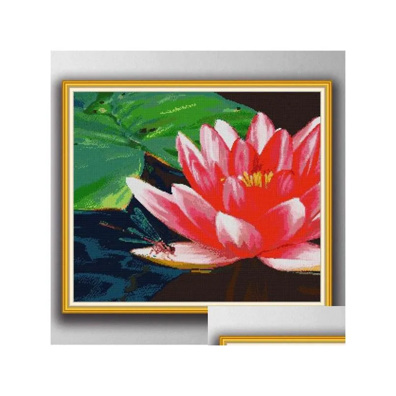 Инструменты для рукоделия Beautif Lotus 2 Flowers Ручная вышивка крестиком Наборы для рукоделия Счетный принт на холсте Dmc 14Ct/11Ct Drop Del Dh2Qw