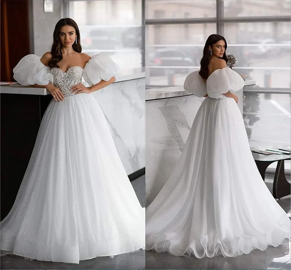 Dubai Arabisch Puffy Laternenärmel A-Linie Brautkleider Sexy Schatz Spitze Glitzer Pailletten Brautkleider Langes bescheidenes Empfangspartykleid für die Braut