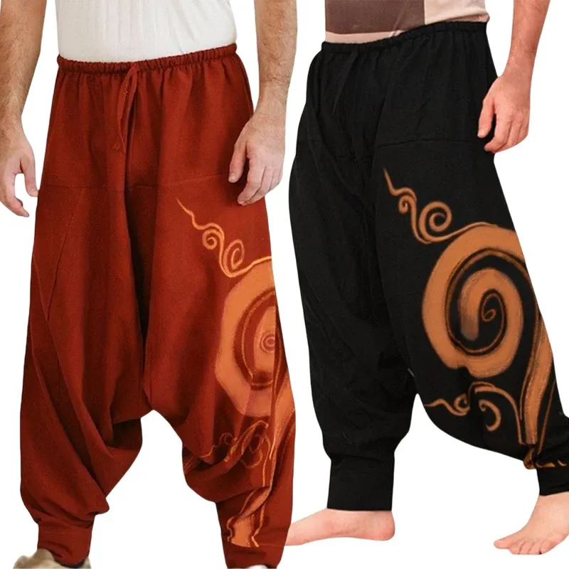 Outfit Men's Harem Pants Drop Crotch Retro Print Pants Cotton Yoga Joggers Sweatpants Hip Hop Trousers Loose Wide Leg Pants