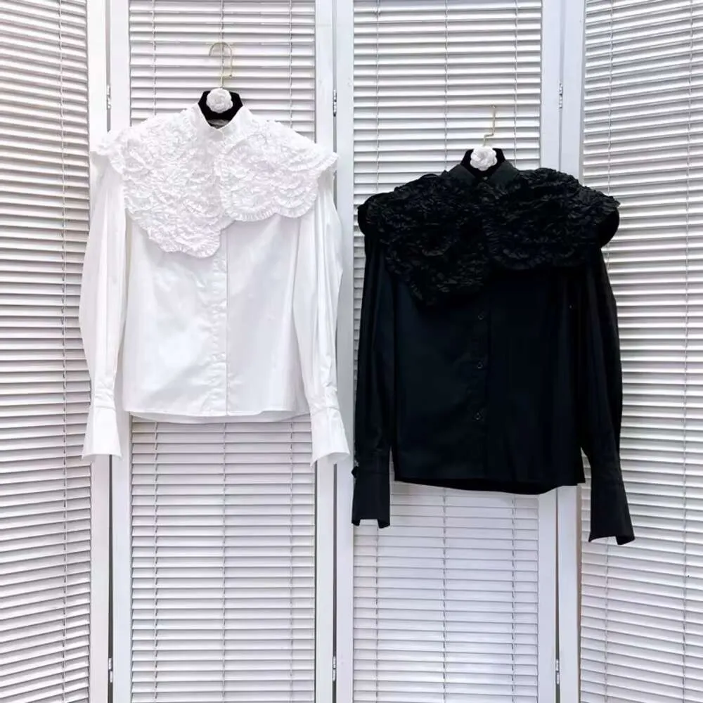 Applique Peter Collar Tops Premium Lantern Sleeve Shirt White and Black Doll Collar Single-Breasted Top F226130