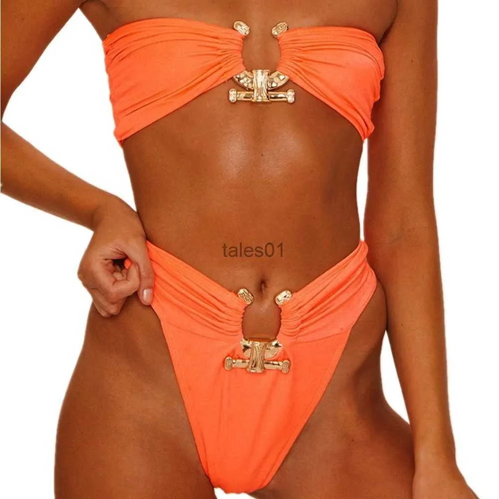 Mulheres Swimwear Designer Luxo Acessórios De Metal Feminino Lantejoulas Senhoras Sexy Cor Sólida Tubo Top 240226