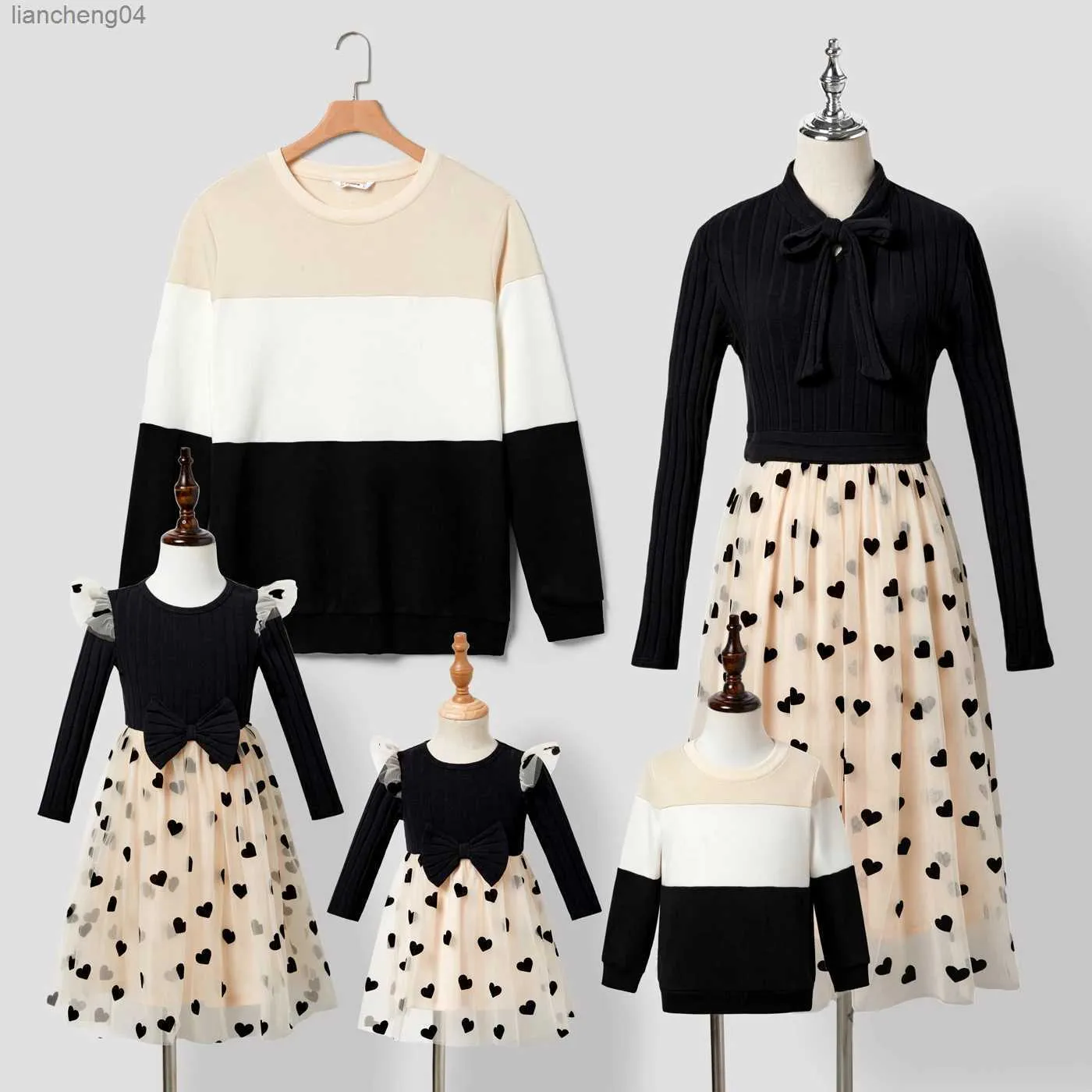 Family Matching Outfits Pa Family Matching Long Sleeve Color-block Tops and Bow Design Love Print Mesh Splicing Dresses Sets