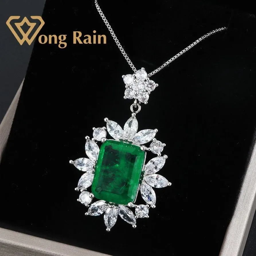 Wong Rain Vintage-Halskette aus 100 % 925er-Sterlingsilber mit Moissanit-Smaragd-Edelstein-Hochzeitsanhänger, edler Schmuck, komplett LJ2215L