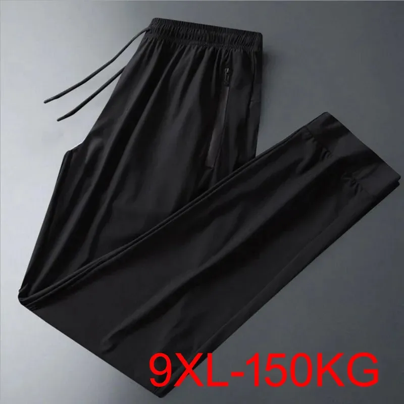 Stor storlek 8xl 7xl 9xl Summer Men's Ice Silk Fabric Sports Sweatpants Slim Stretch Loose Pant Men Military Quick Dry Trousers 240220