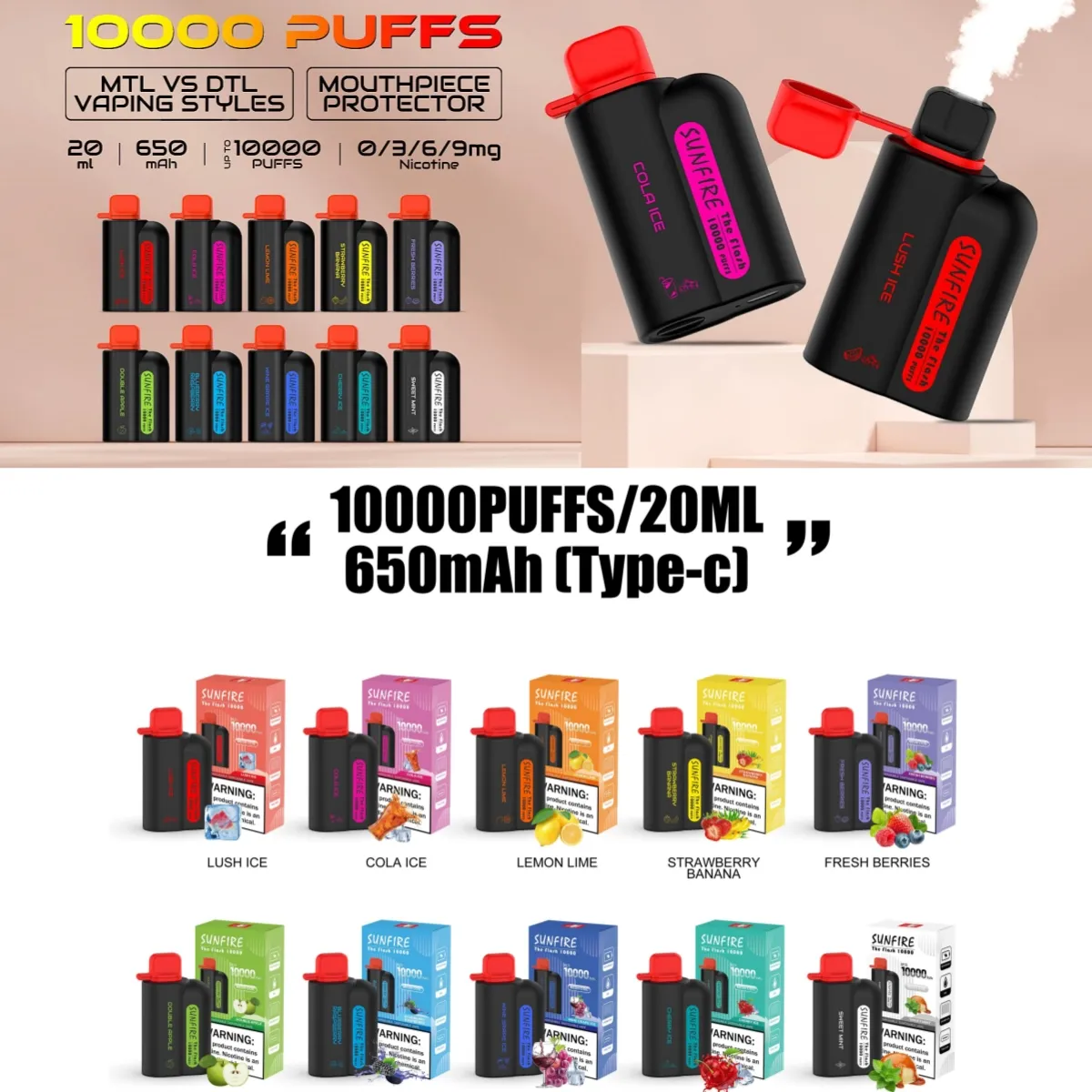 En gros meilleur stylo vape Sunfire 10000puffs Big Puff Bar 10k 10000 dtl vape ego ce4 e cigarettes à Shenzhen Prix de distribution OEM bienvenue elfe Poland Japon