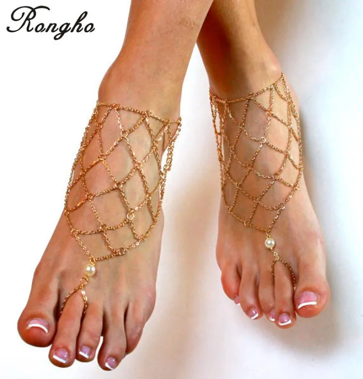 Neue Sexy Metallkette Fußkettchen für Frauen Barfuß Sandalen Armbänder Gold Beinkette Knöchel Bikini Strand Fußschmuck Net Ankle2892075