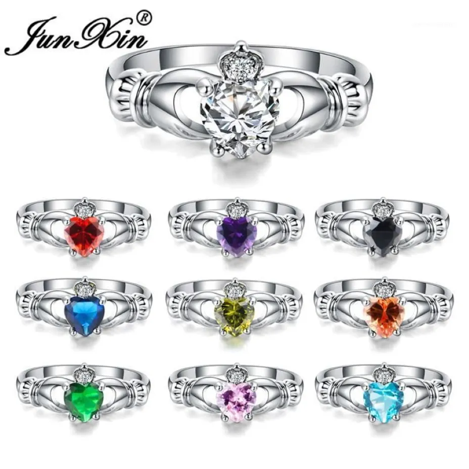 Anéis de casamento Junxin luxo feminino coração anel claddagh branco ouro cheio jóias moda para mulheres nascimento pedra presentes1253v