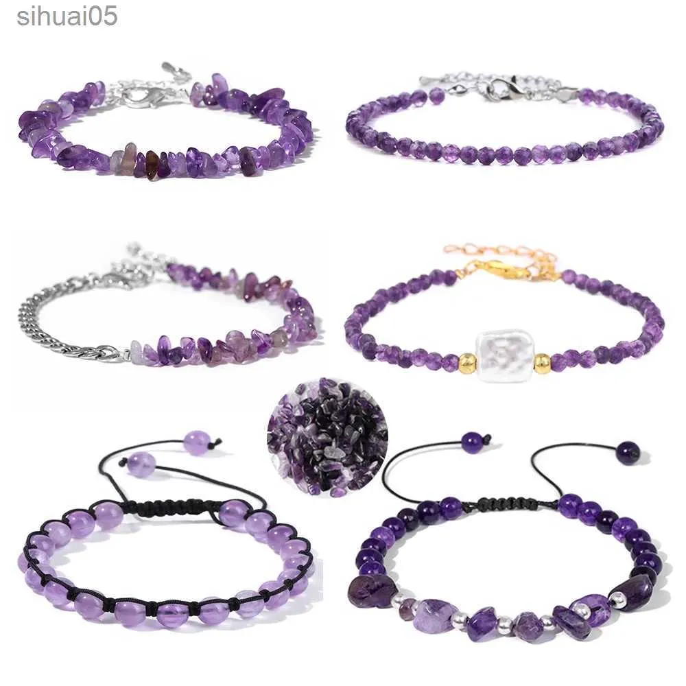 Beaded Healing Natural Amethysts Armband Stone Purple Crystal Pärlade armband Justerbar Elegant Energy Bangle for Women Jewelry Gift YQ240226