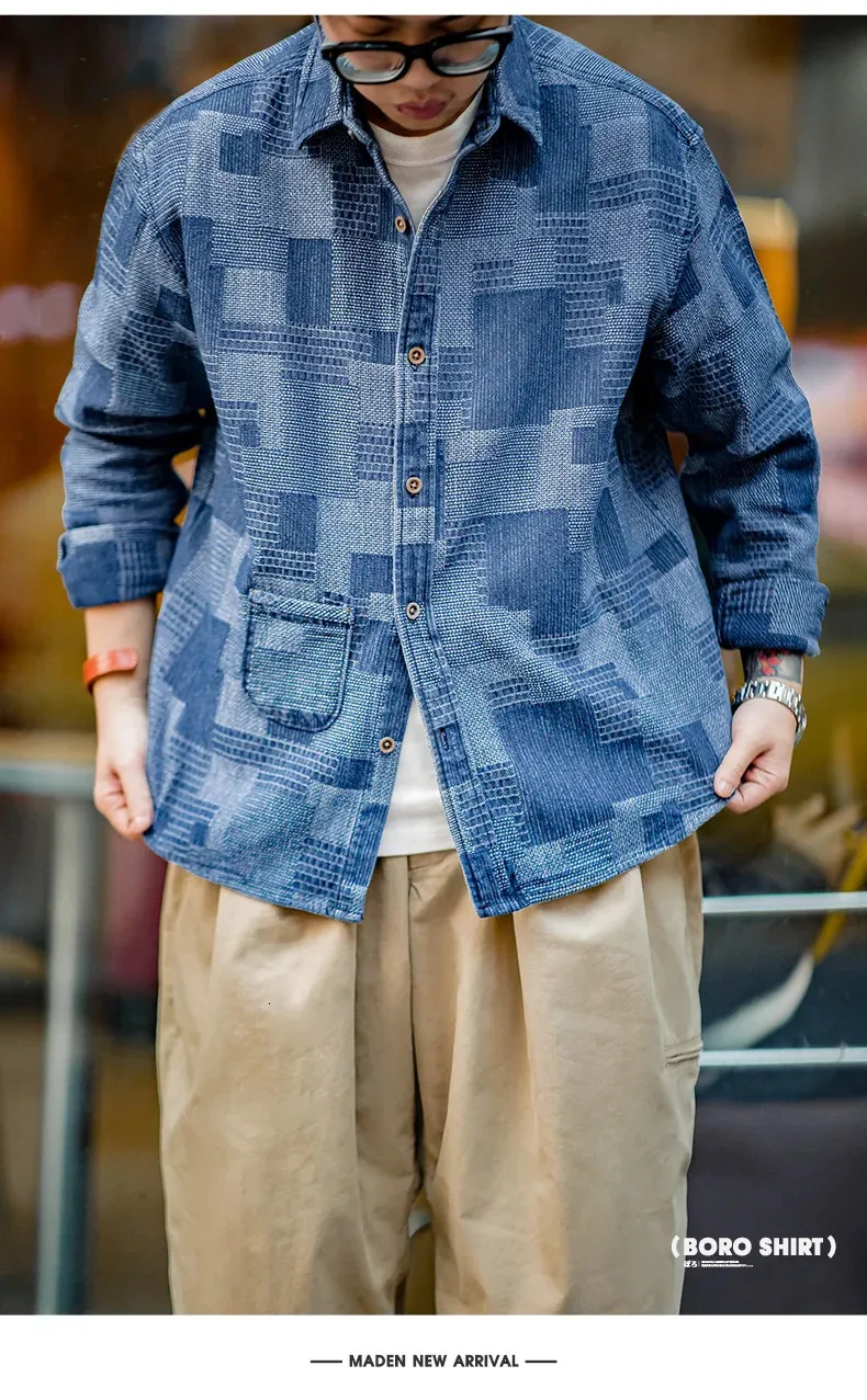 Japanese Retro Boro Denim Overshirt: Jacquard Patchwork