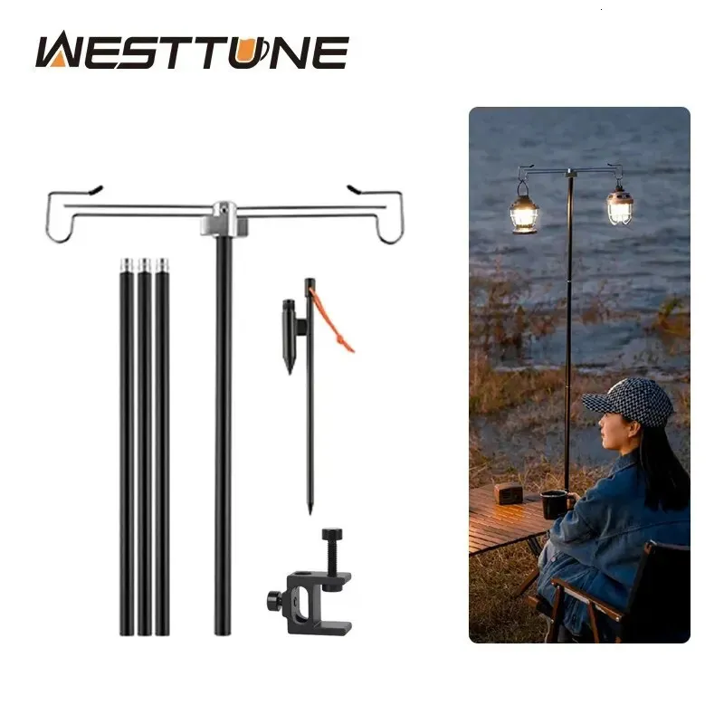 Westtune Camping Lamp Stand med dubbla krokar Aluminiumlegering Foldbar pol teleskopisk utomhusljushållare Hanger 240220