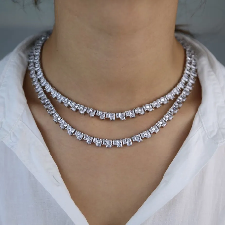 Iced out silver baguette cz tennis chain necklace for women high quality hip hop ice 5A cubic zirconia choker jewelry in stock310Z