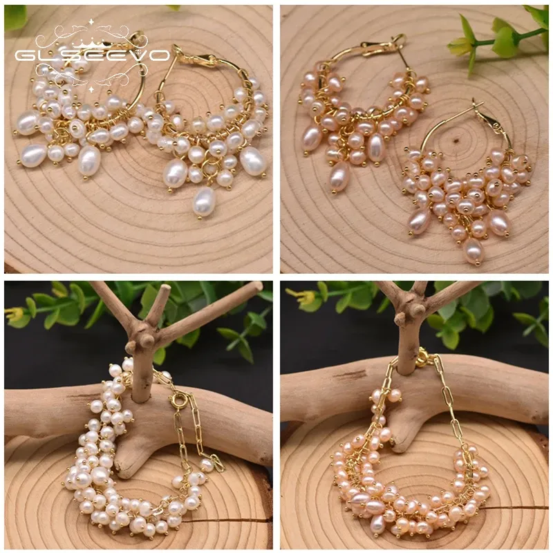 Bracciale rigido Glseevo Set di orecchini con bracciale di piccole perle rosa naturali Set di accessori moda donna personalizzabili Regalo di nozze per la sposa