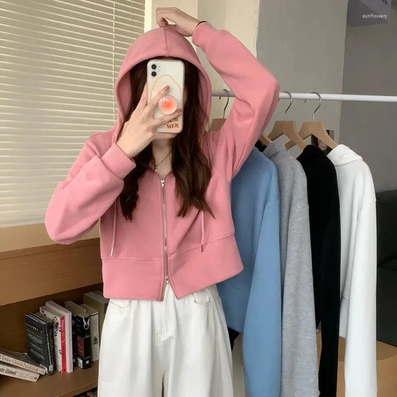 Kadın Hoodies Kadın Uzun Kollu Kapüşonlu Çekme Stres Sweatshirts Fermuar Hardigan Düz Renk Yüksek Sokak Koreli Kış 2024 İnce Fit