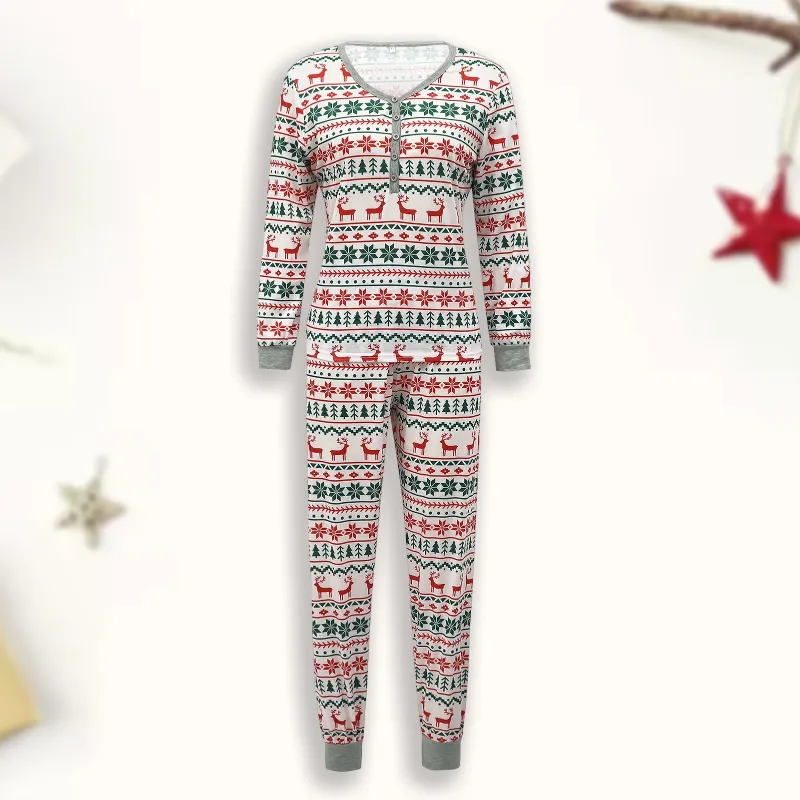 Zweiteilige Damen-Pyjama-Set mit Hose, Familie 2, lockere Passform, Herren- und Damen-Pyjama, lässiger Weihnachtsstil, bedruckt mit Schneeflocken-Elch-Motiv, Nachtwäsche-Outfit