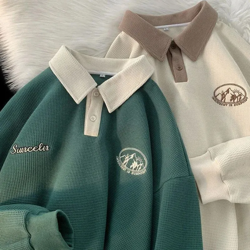 Polo da uomo autunno colore a contrasto colletto con risvolto maglione da donna di grandi dimensioni maniche lunghe coppia allentata top casual 240223