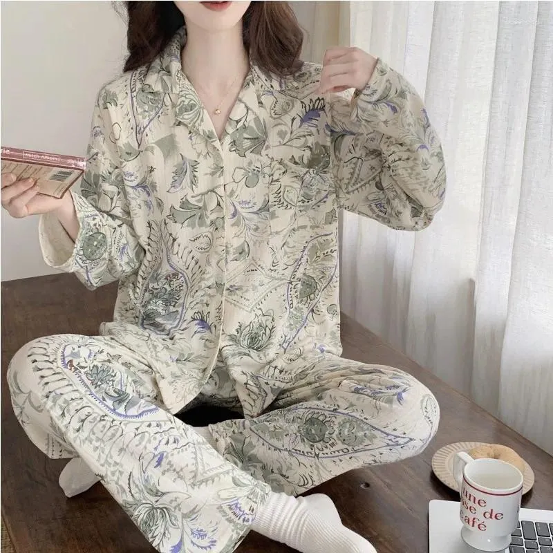 Indumenti da notte da donna Pigiama di cotone di grandi dimensioni Set per le donne Stampa Autunno Inverno Pigiama Femme Risvolto Camicia Pantalone Pijama Mujer