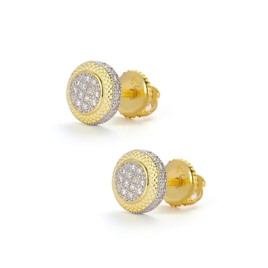High Quality 925 Sterling Silver Yellow Gold Plated Iced Out Bling CZ Round Screw Backs Earrings for Men Women Jewelry292i