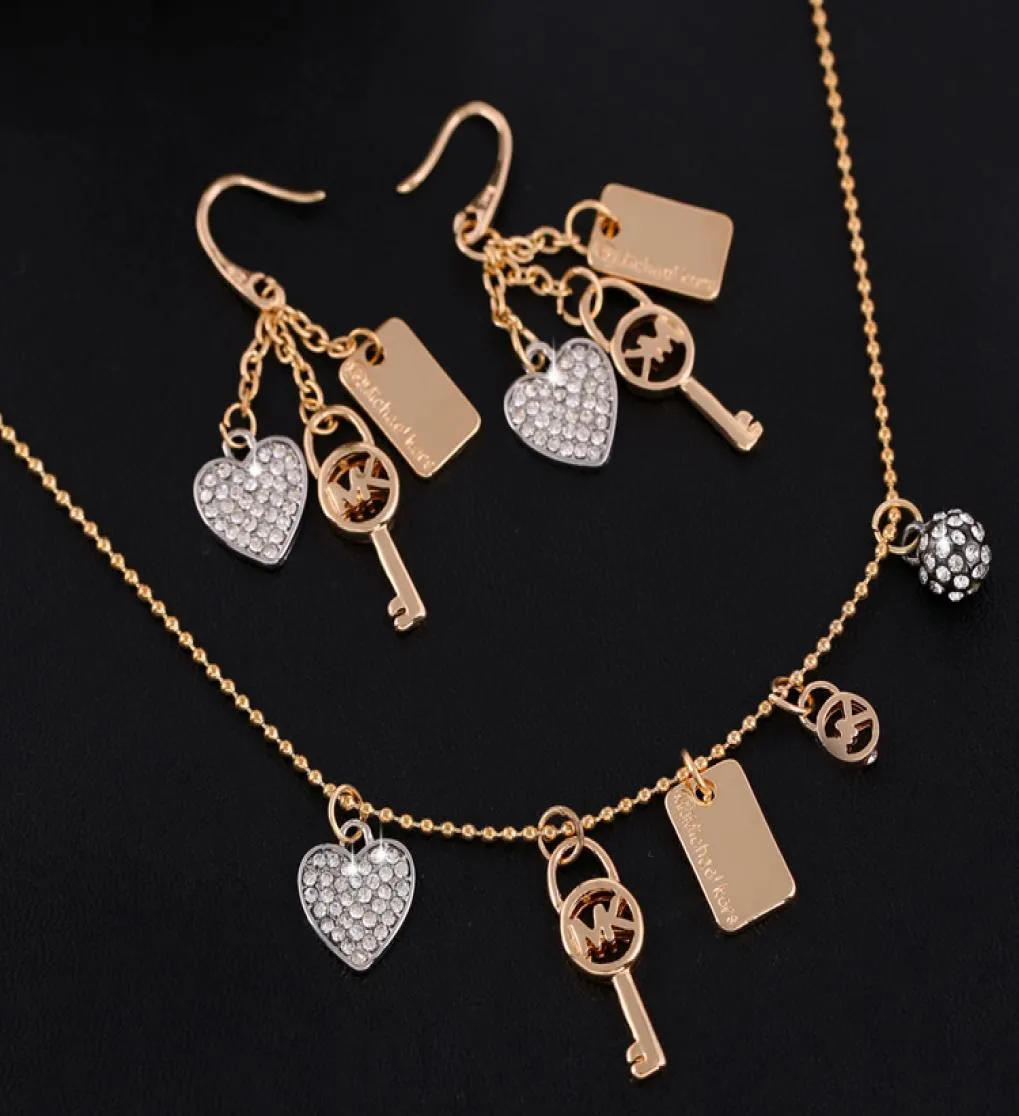 Fashion necklace pendant earrings full drill M letter octagonaltHeart key golden silver twopiece diamond jewelry3767475