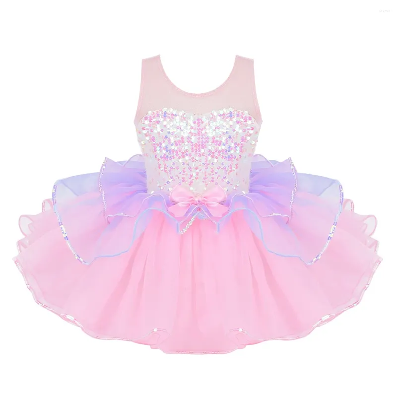 Girl Dresses Ballerina Fairy Prom Party Costume Kids paljetter Mesh Splice Dress Girls Dans Wear Ballet Gymnastics Leotard Tutu