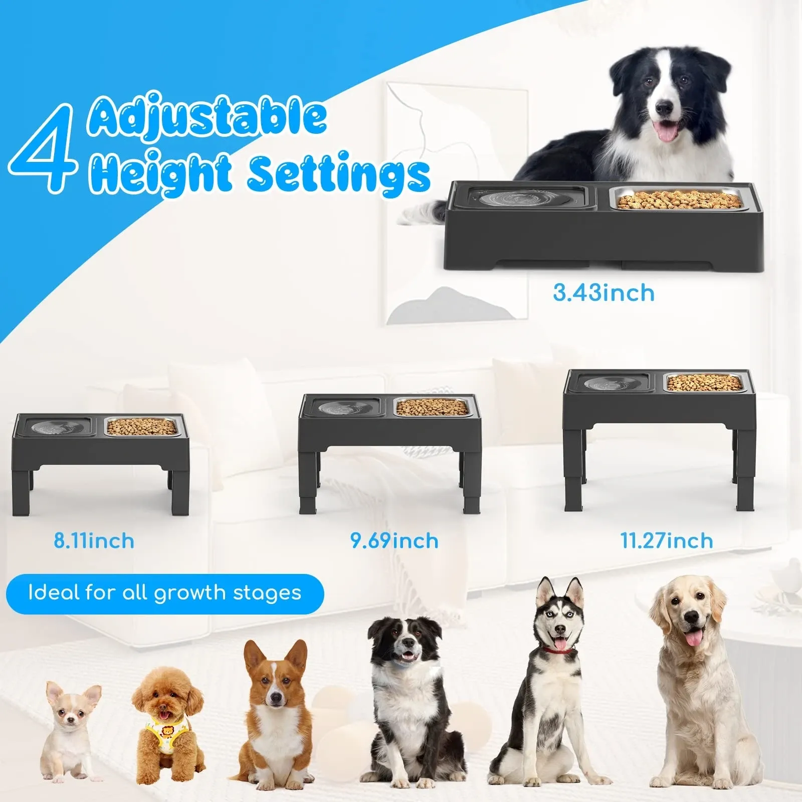 Feeding 2in1 Elevated Dog Bowls 4 Height Adjustable Raised Dog Bowls with No Spill Dog Water Bowl Dog Food Bowl NonSlip Dog Bowl