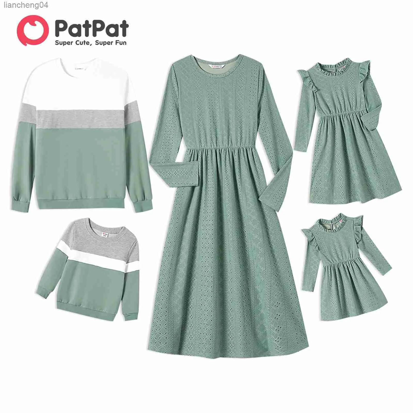 Familjsmatchande kläder PA Familj Matchande Mint Green Lace-klänningar och färgblock långärmade toppar