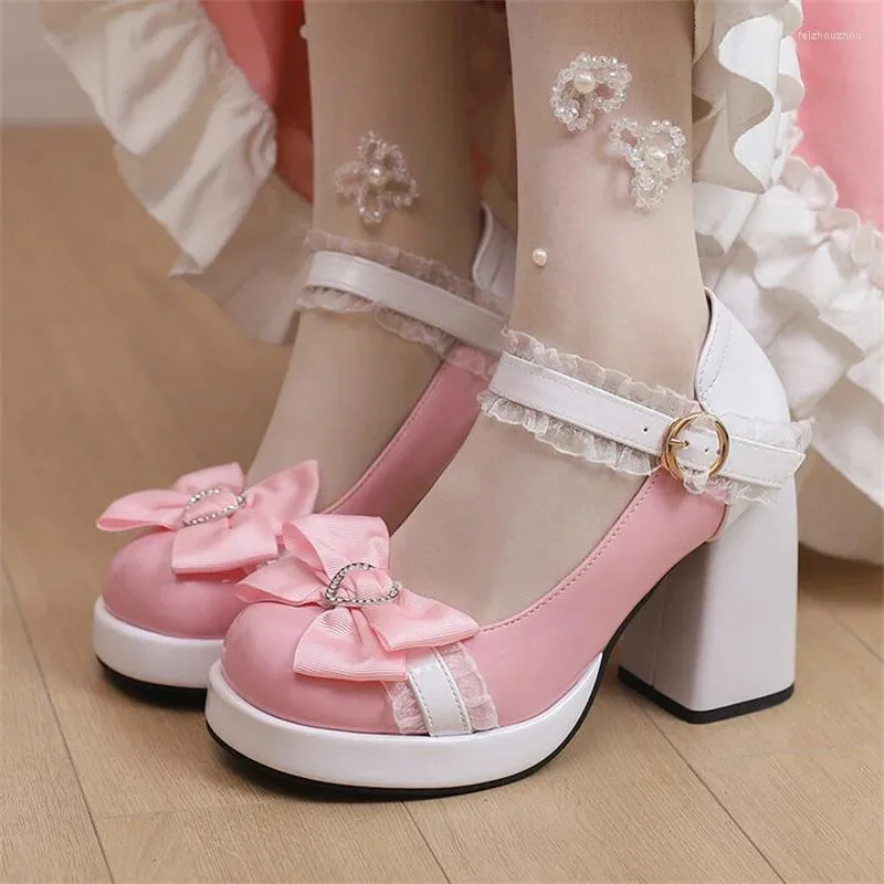 Chaussures de robe PXELENA 6 Candy Couleur Filles Mary Janes Lolita Cosplay JK Princesse Pompes Femmes Volants Bowknot En Cuir Verni Talons Hauts 43