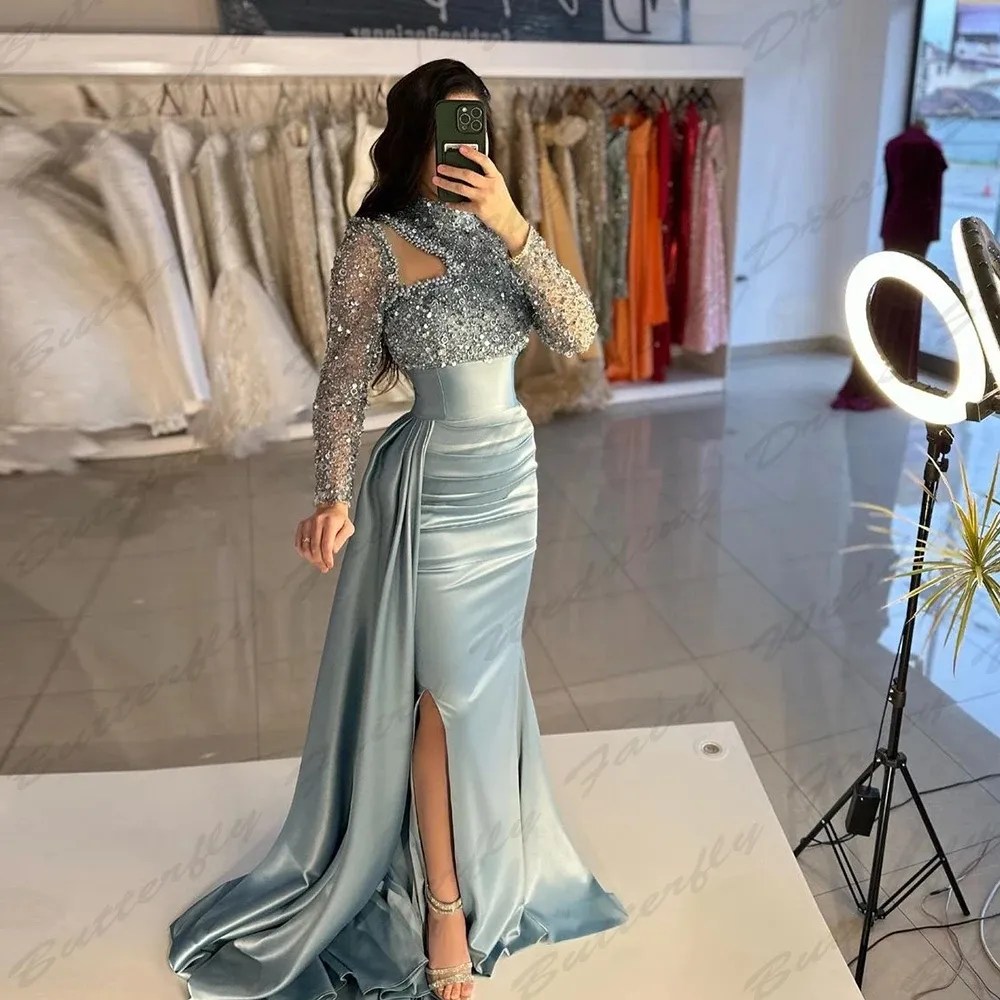 Vintage elegancka damska sukienka na imprezę eventury z długim rękawem Mermaid Muzułmańska księżniczka Prom Formalne suknie Arab Dubai Robe de Soiree